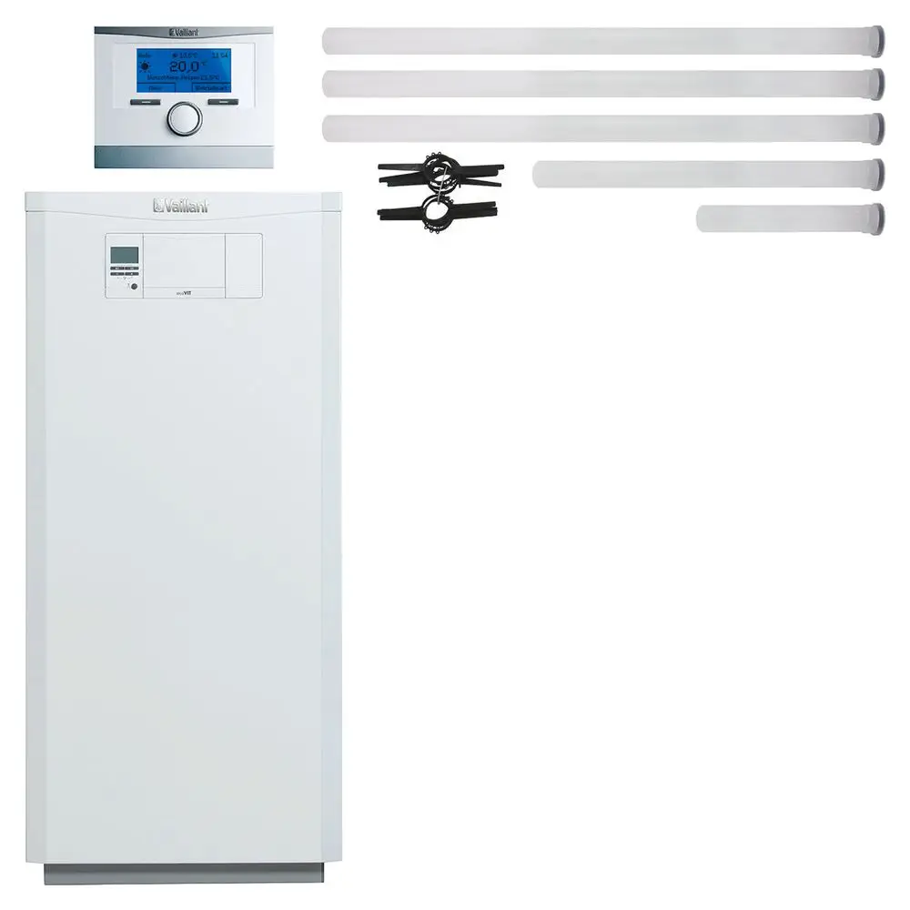 Vaillant-Heizgerät in weißer Farbe, ausgestattet mit einem digitalen Bedienelement und mehreren Verbindungselementen sowie Rohren.